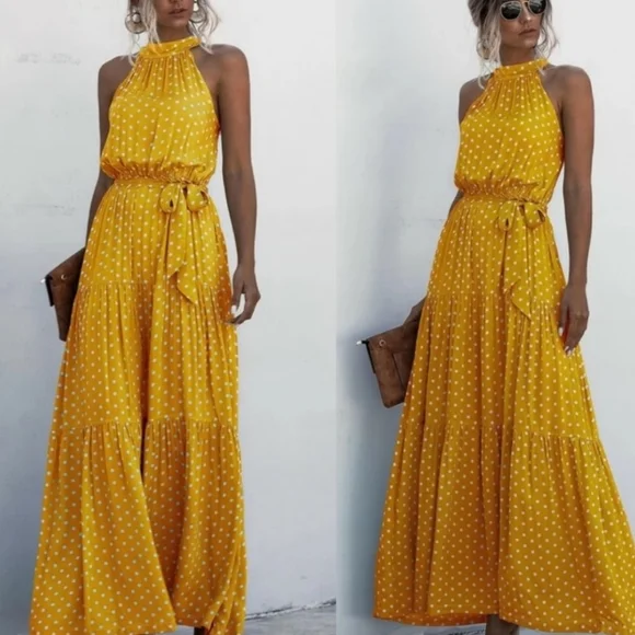 Kara and Kate halter neckline elastic waist maxi dress gold, white polka dots L - Picture 3 of 7